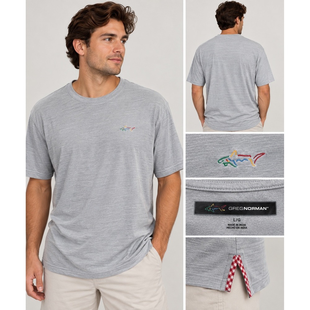 Greg Norman Mens Gray Short Sleeve Shark Logo Tee Shirt Gingham Vents Large